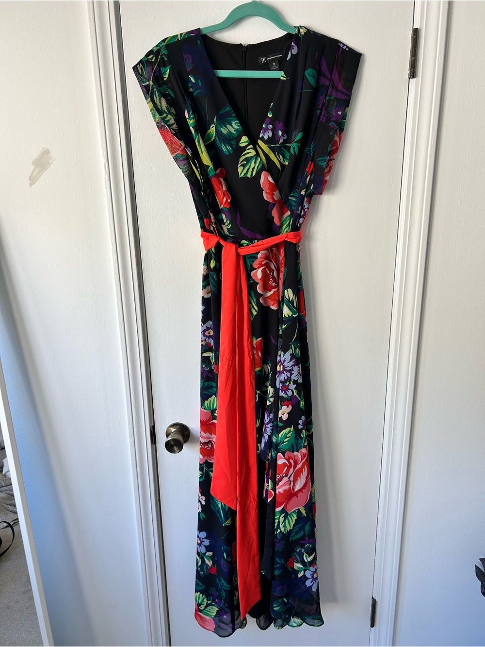 Black Floral Maxi Wrap Dress with Red Sash